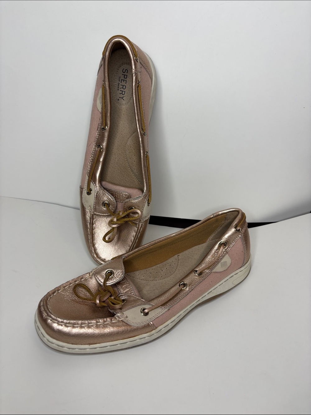 Sperry Metallic Rose Gold and Light Pink Moccasin Boat Shoes